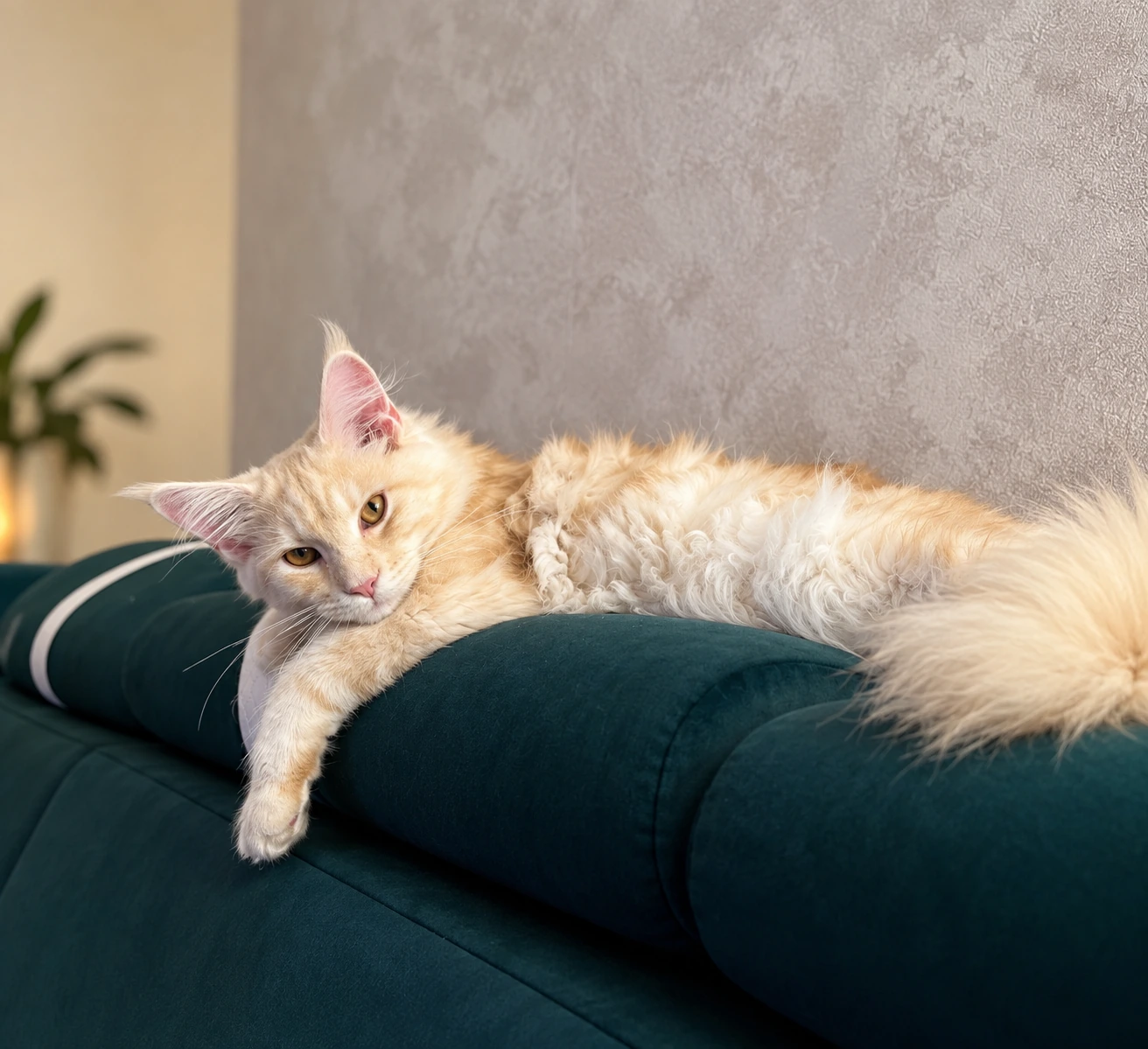 GLORIA, ruda ze srebrem kotka Maine Coon, na zielonej sofie